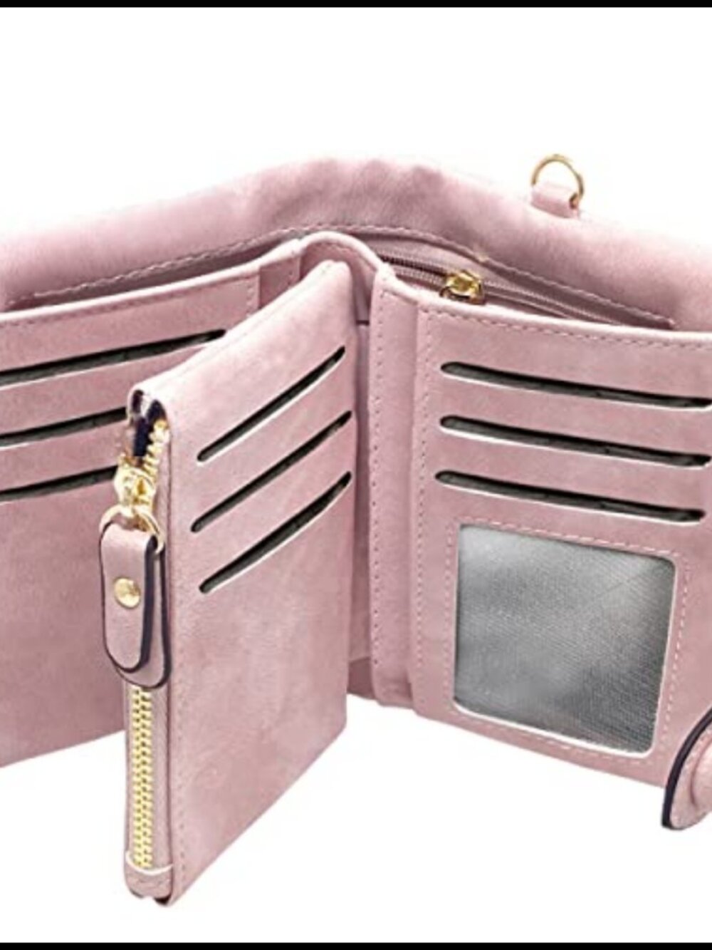 Small RFID Faux Leather Trifold Wallet with Wrist Strap and Coin Purse